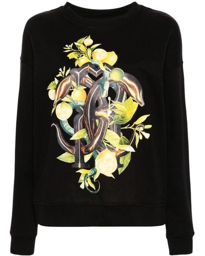 Roberto Cavalli Lemon And Snake-print Cotton Sweatshirt - Black