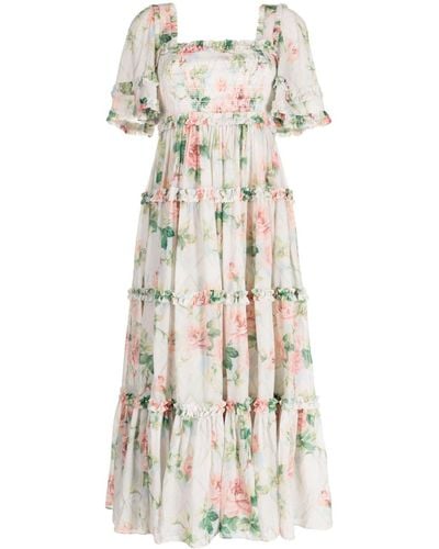 Needle & Thread Chiffon-Kleid mit Blumen-Print - Weiß