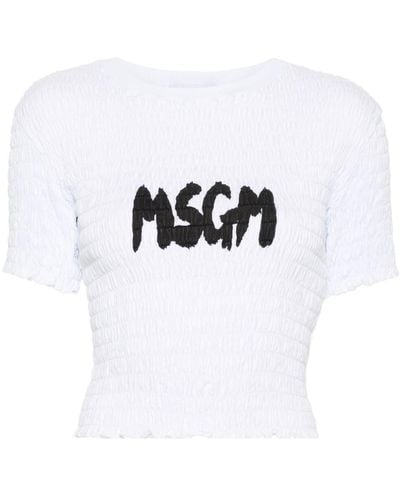MSGM Gesmoktes T-Shirt mit Logo - Weiß