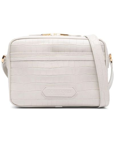 Tom Ford Small Embossed-leather Messenger Bag - Gray
