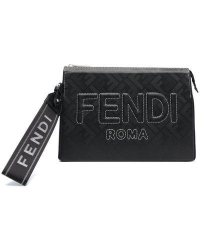 Fendi Embossed-logo Leather Clutch Bag - Black