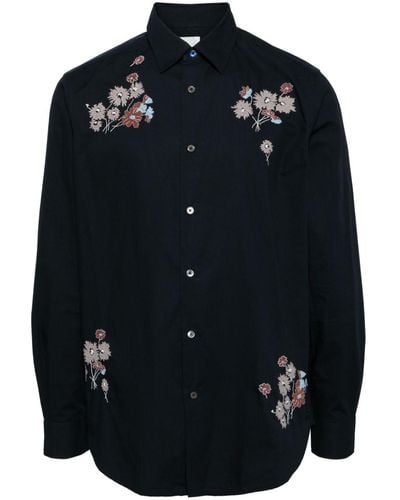 Paul Smith Floral-embroidered Organic Cotton Shirt - Blue
