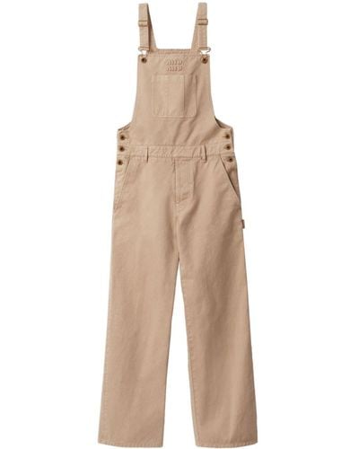 Miu Miu Logo-embroidered Gabardine Dungarees - Natural