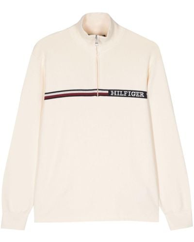 Tommy Hilfiger Logo-print Half-zip Sweater - Natural
