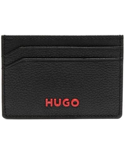 HUGO Porte-cartes en cuir à plaque logo - Noir
