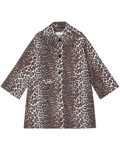 Ganni Leopard-print Single-breasted Coat - Grey