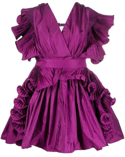 Elie Saab Open-back Ruffled Pleated Taffeta Mini Dress - Purple