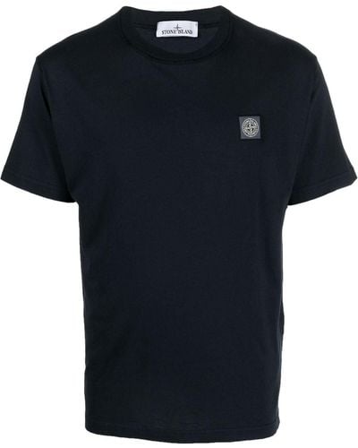 Stone Island T-Shirt In Cotone Blu Navy Con Effetto "Fissato"