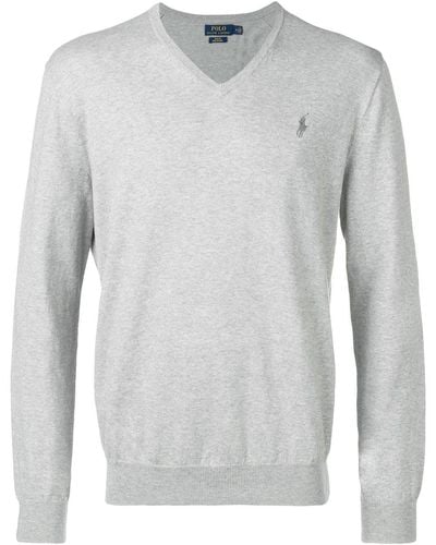 Polo Ralph Lauren Logo Embroidered V-neck Jumper - Grey