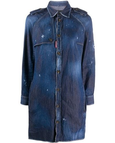 DSquared² Distressed Finish Button Front Shirt Dress - Blue