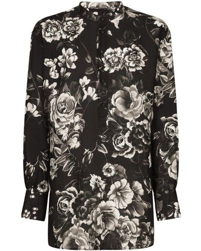 Dolce & Gabbana Floral-print Linen Shirt - Black