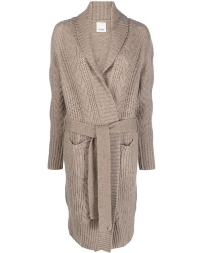 Allude Belted-waist Cable-knit Cardigan - Natural