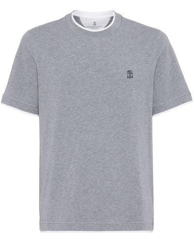 Brunello Cucinelli Logo-embroidered Contrast-trim T-shirt - Gray