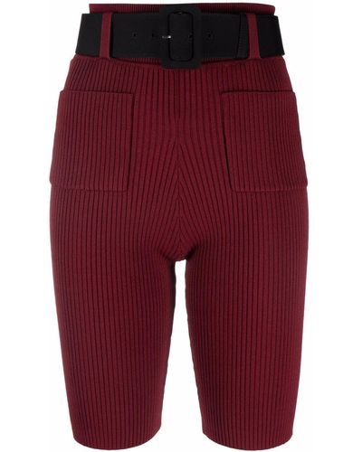 Self-Portrait Ribbed-knit Belted Shorts - Red