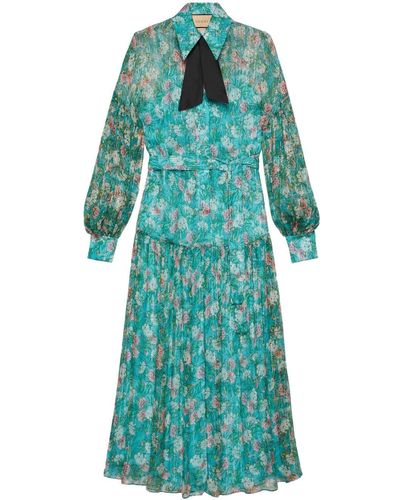 Gucci Robe Longue En Crépon De Soie Métallisé À Imprimé Fleuri Et À Col Noué - Multicolore