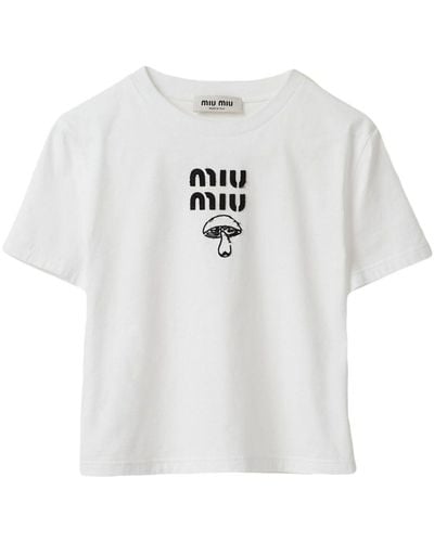 Miu Miu Mushroom-embroidered Cotton Logo T-shirt - White