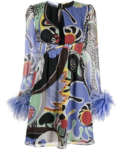 Moschino Robe imprimée à ourlet bordé de plumes - Bleu