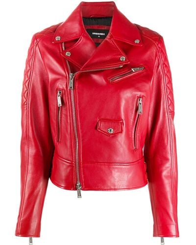 DSquared² Quilted Detail Zip-up Leather Jacket - Red