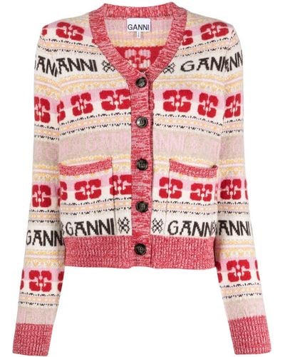 Ganni Cardigan In Maglia Jacquard Con Motivo Grafico Logato - Rosso