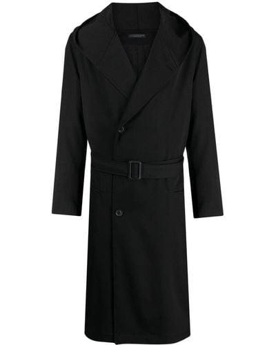 Yohji Yamamoto Belted Hooded Wool Trench Coat - Black
