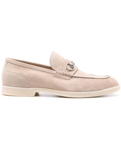 Gucci Neutral Horsebit Detail Suede Loafers - Pink