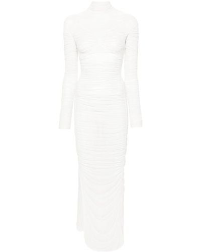 Mugler Ruched Mesh Midi Dress - White