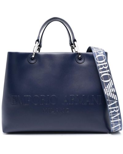 Emporio Armani Embossed-logo Leather Tote Bag - Blue