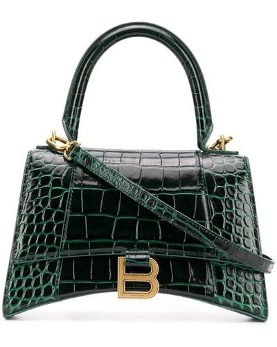 Balenciaga Small Hourglass Top Handle Bag In Croc-embossed Calfskin - Green