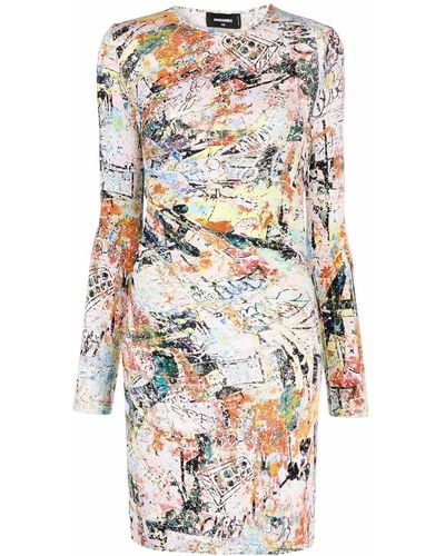 DSquared² Abstract-print Long-sleeve Dress - White