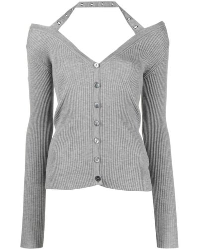 Blumarine Halterneck Ribbed-knit Cardigan - Gray