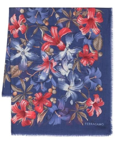 Ferragamo Floral-motif Cashmere Scarf - Blue