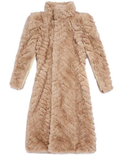 Balenciaga Faux-fur Chevron-pattern Coat - Natural