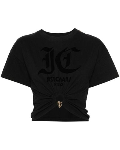 Just Cavalli Flocked Logo Cropped Top - Black