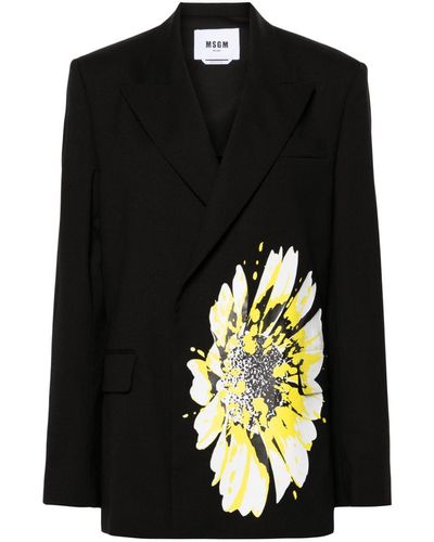MSGM Floral-print Double-breasted Blazer - Black