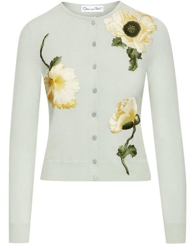 Oscar de la Renta Embroidered-flower Fine-knit Cardigan - Green