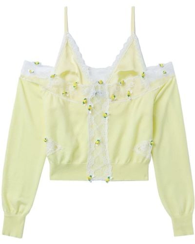 Pushbutton Lace-trim Triangle-cup Blouse - Yellow