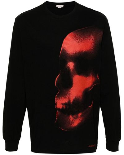 Alexander McQueen Katoenen T-shirt Met Doodskopprint En Lange Mouwen - Zwart