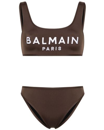 Balmain Embroidered-logo Scoop-neck Bikini Set - Brown
