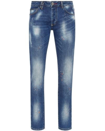 Philipp Plein Halbhohe Lion Circus Slim-Fit-Jeans - Blau
