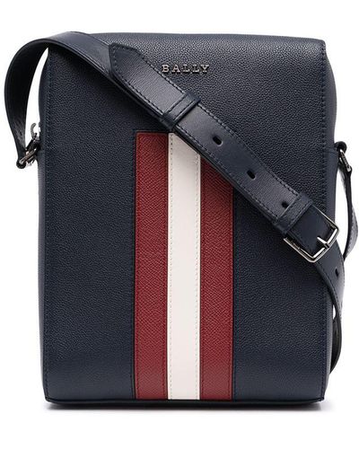Bally Stripe-detail Pebbled-leather Messenger Bag - Blue