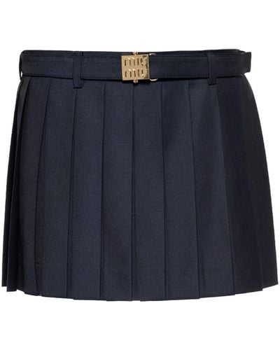 Miu Miu Batavia Pleated Wool Mini Skirt - Blue