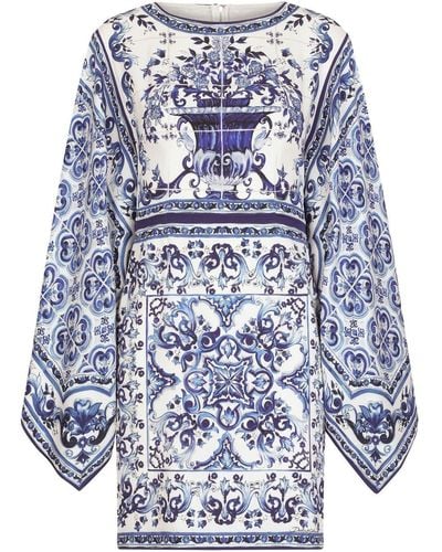 Dolce & Gabbana Majolica-print Batwing-sleeve Minidress - Blue