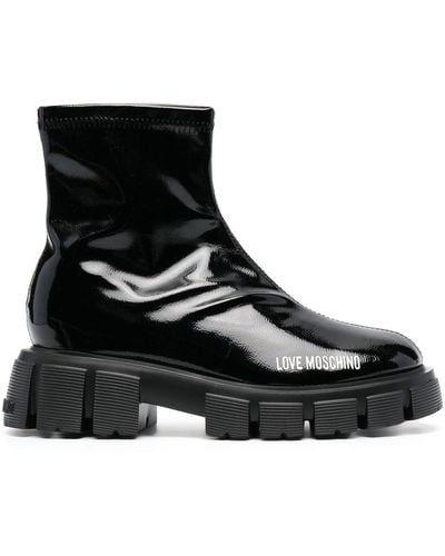 Love Moschino High-shine Logo-print 50mm Boots - Black
