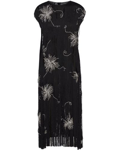 Prada Fringed Embroidered Dress - Black