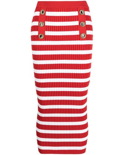 Balmain Striped Ribbed-knit Midi Skirt - Red