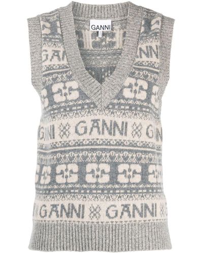 Ganni Logo Wool Mix Vest - Gray