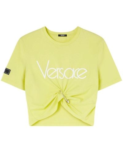 Versace T-shirt crop en coton à logo imprimé - Jaune
