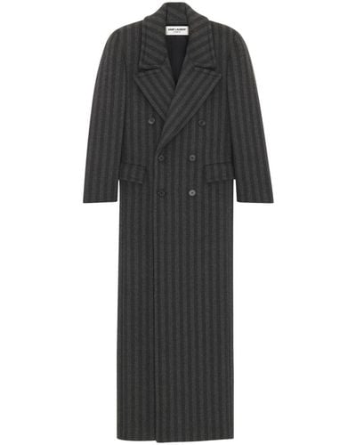 Saint Laurent Striped Virgin Wool Double-breasted Coat - Black