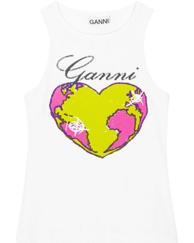 Ganni Printed Ribbed Tank Top - White