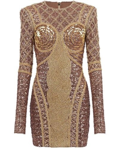 Balmain All-over Embroidered Short Dress - Brown